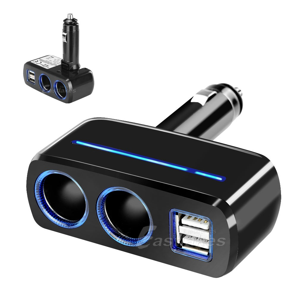 2 Way Car Cigarette Lighter Socket Splitter Adjustable Right Angle with Dual USB Ports - Eastlakes Electronics
